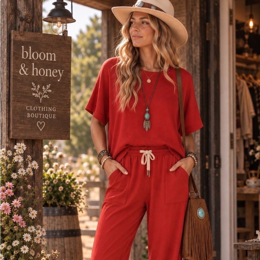 241. Mono B Rust Ribbed Knit 2 Piece Lounge Set Top and Joggers Size M NWT